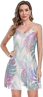 [GuoChe] Mini Dresses for Women A-line Valentine's Day Exotic Leaves Pastel Sleeveless Adjustable Spaghettis Strap Nightgown V, Valentine's Day Exotic Leaves Pastel, Medium