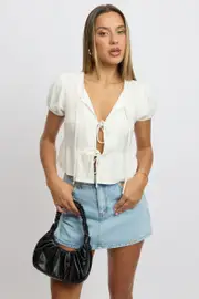 White Tie Front Top Puff Sleeve - Size 10S, Women's Bolero