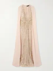 [Jenny Packham] Jenny Packham - Zenith Cape-effect Embellished Sequined Chiffon Gown - Gold - UK 22 UK 22 Gold