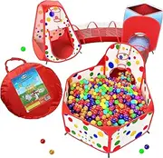 Playz 6-Piece Kids Play Tents Crawl Tunnels and Ball Pit Popup Bounce Playhouse Tent with Basketball Hoop for Indoor and Outdoor Use with Red Carrying Case