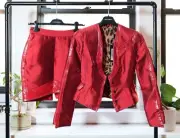 Dolce & Gabbana Vintage Runway Red Silk/Leather Blazer Skirt Suit Set (IT40)