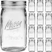 Wide Mouth Mason Jars - 32 oz, 12 Pack Large Glass Jars with Airtight Lids, 1 Quart for Pickling, Canning, Fermenting and Food Storage, Microwave & Dishwasher Safe