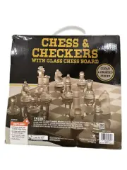 Vintage Crystal Chess and Checkers Set, in box with glass chess board NEW
