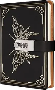 Shesyuki Literary Vintage Locking Leather Notebook,Beautiful Butterfly Pattern Compass, A5 Notebook for Women and Men