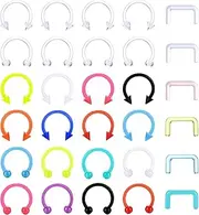 [Kakonia] 30Pcs Septum Retainer 16G Colorful Clear Bioflex Horseshoe U-Shaped Septum Rings Retainers Flexible Plastic Nose Rings Hoop Lip Eyebrow Cartilage Earrings Ring Piercing Retainer for Women Men