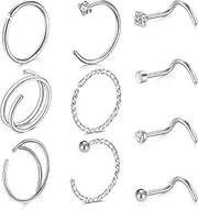 [LAURITAMI] 20G Nose Piercing Ring Thin Spiral Surgical Steel Nose Piercing Stud Double Nose Piercing Rings Gold Silver Set Nose Stud with Zirconia for Women and Men, Stainless Steel