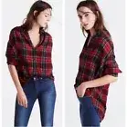 Madewell New Women Central Tartan Plaid Button Top Size XS/S Flannel Wool Red