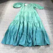 New Oliphant Dress Women 2XS XXS 3048V1 Puff V Neck Maxi Green Button Fron Ombre