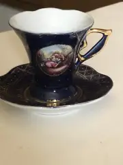PEACH GOLD CHOICE ESPRESSO DEMITASSE CUP SAUCER COBALT BLUE GOLD COURTING SCIENE