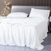Luxton 100% Organic Bamboo Bed Sheet Set Queen White Bamboo Sheet 4PCS Fully Fitted with 40cm Deep Pocket Breathable Bamboo Sheet Set ( Queen Size, White)