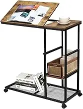 Mobile Sofa Side Table with Wheels C End Table with Laptop Stand Height Adjustable Couch Tables with Tiltable Top Board Snack Table with Storage Shelves Living Room Bedroom Furniture Metal Frame