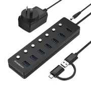 Simplecom CH375C USB-A and USB-C to 7-Port USB 3.0 Hub 5Gbps Individual Switches and Power Adapter