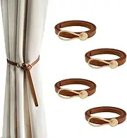 Leather Curtain Tie Backs, 4 Piece Minimalist Leather Drapery Tiebacks, Window Treatment Holdbacks, Housewarming Gift, Modern Home Decor Accessories (Brown)