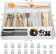 Cutlery Drawer Organiser, Expandable(10.6"-20") Utensil Drawer Organiser, Kitchen Drawer Organizer with 9 Compartments and Non-slip Base, 4-Way Adjustable Cutlery Tray Organizer for Spoons Forks