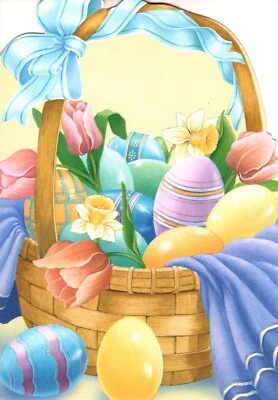 Happy Easter Basket Decorated Colorful Eggs Tulip Lily Hallmark Greeting Card