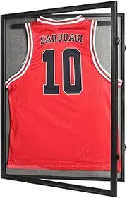 PKHROR Jersey Frame Display Case Large Lockable Sports Jersey Frame Shadow Box with Uv Protected Acrylic and Hanger for Baseball Basketball Football Soccer Hockey Sport Shirt Linen Black