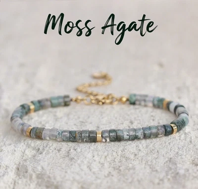 Natural Moss Agate Dainty Bracelet 4mm Healing Crystal Beads Minimalist Gifts
