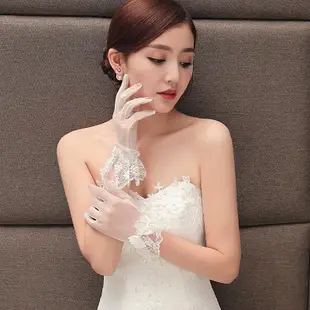 新娘手套蕾絲結婚紅白色長短款有指婚紗禮服拍照黑色網紗鏤空香檳