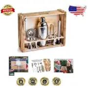 11-Piece Stainless Steel Bartender Kit with Rustic Wood Stand - Silver