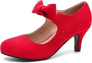 [Eugisy] Women's Cute Bow Heels Mary Jane Kitten Heel Pumps Closed Round Toe Low Heels Ankle Strap Wedding Evening Party Dress Office Work Church Shoes