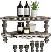MAONAME Vintage Brown Corner Pedestal Stand, Rustic Decorative Riser for Display, Farmhouse Wood Corner Counter Shelf with Beaded, Set of 2