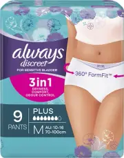Discreet Incontinence Underware, plus Medium, 9 Pack
