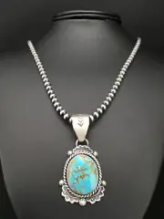 Navajo Sterling Silver Necklace Spiderweb Turquoise 2.25" Pendant 13918