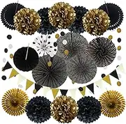 ZERODECO Party Decoration, 21 Pcs Black and Gold Hanging Paper Fans, Pom Poms Flowers, Garlands String Polka Dot and Triangle Bunting Flags for Birthday Parties Wedding Décor, Table & Wall Decorations
