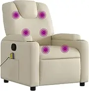 vidaXL Cream Faux Leather Massage Recliner Chair with Cup Holders and Side Pocket - Living Room Lounger with Adjustable Backrest and Footrest