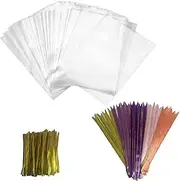 Clear Flat Cellophane Treat Bags， 100 Pieces Resealable Transparent Cellophane Bags with 100 Twist Ties for Candy Cookies Fruits Nuts Chocolates Popcorn Sweets