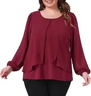 [Agnes Orinda] Plus Size Chiffon Tops for Women Crew Neck Layered Panel Flowy Long Sleeve Blouse Dressy Work Shirts