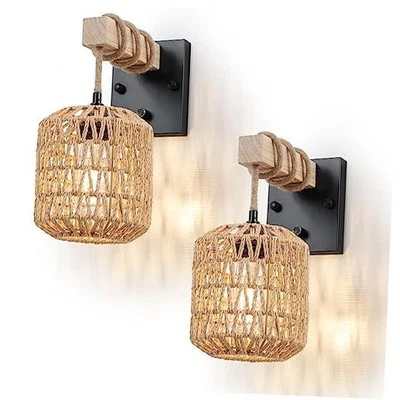 Rattan Boho Wall Sconces Set of Two, Hardwired Hand-Woven Farmhouse Wall Lamps
