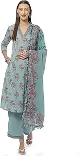 [BIBA] Turquoise Cotton A-Line Kurta Palazzo Suit Set, Turquoise