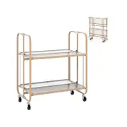 Costway 2-Tier Kitchen Trolley Foldable Serving Cart Tempered Glass Storage Rack Pink