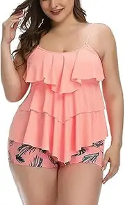 [Generic] Metallic Bikini for Women Layered Flower Print Sexy Top Flat Corner Shorts Bikini Set Bikini Smocked (Pink, M)