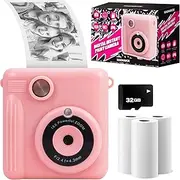 Magnavox MCC9063 Kids Camera with Low Cost Instant Print in Black & White, Print in Color from PC, Record 1080p Video, 32GB SD Card Incl., 2in LCD Display, Built-in Games, 3 Rolls of Paper Included