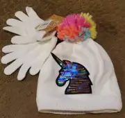 Girls Love at First Sight Sequined Unicorn Hat & Gloves OSFM fleece lined NWT