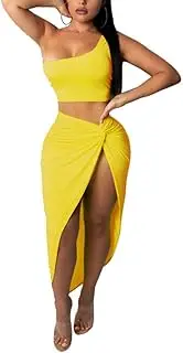 [OLUOLIN] Womens Sexy One Shoulder Crop Top Bodycon Cross Side Split Irregular Maxi Skirt Set 2 Piece Dress Outfits
