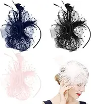 [InteDesign] 4pcs Fascinators Hat Flower Mesh Ribbons Feathers on a Headband and a Forked Clip Cocktail Tea Party Headwear For Girls & Women,Family Party Wedding Prom Cocktail Carnival (Black/Blue/White/Pink)