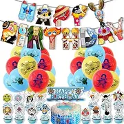 Birthday Party Supplies for One Piece, Cartoon Piece Theme Party Decorations Includes Birthday Banner, Cake Topper, Cupcake Toppers, Balloons