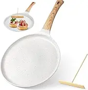 Crepe Pan, Nonstick Crepe Pan with Spreader, 28CM Natural Ceramic Coating Dosa Tawa, for All Stove, Pancake Flat Skillet Tawa Griddle with Stay Cool Detachable Handle (Cream White)