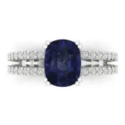 3.50 Cushion Blue Sapphire Promise Bridal Engagement Ring 14k White Real Gold