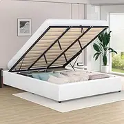 ALFORDSON Bed Frame Base with Gas Lift Storage King Size Wilbur Series Without Bed Head, Mattress Topper Platform Foundation with PU Leather Upholstery for Bedroom, White
