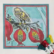 Whimsy Grace Hand painted Needlepoint canvas Little Owl with Pomegranates