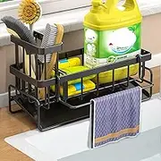 Sink Caddy Organizer With Self Draining Tray, Sponge Holder, Brush Holder, Dish Soap Dispenser Storage, Kitchen Counter Organizer (Black)
