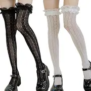 [JDIEOQA] Women Lolita Fishnet Thigh High Socks, Cute Heart Striped Lace Patterned Over Knee Long Stockings Ruffle, White, One Size