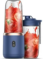 Portable Blender, Wireless Juicer, USB Rechargeable Smoothie Blend with 6 Sharp Blades and Double Cup, Travel Lid, Waterproof Blender for Kitchen with Seal Cover, for Outdoor Office Travel (Blue)