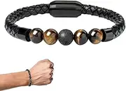 [generic] Leather Bracelet,Magnetic Bracelet for Men - Beads Bracelets Brown Agate Beads Black Woven Leather Bracelet 8 Mm Natural Stone Beads for Losing