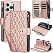 YocoverTech for iPhone 15 Pro Max Case,for iPhone 15 Pro Max Flip Case,6 Card Holders +1 Cash Slot Wallet Cover Magnetic Folio Closure Purse with Wristlet Crossbody Lanyard-Rose Gold