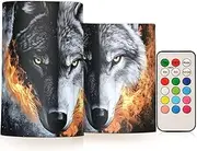 XYMZR Wolf Head Fire Flameless Candles with Remote Set of 2 - No Batteries Included, 3” Diameter Battery Candles Flickering with Timer, LED Pillar Votive Candles for Outdoor Indoor
